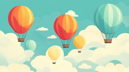Fototapeta premium Colorful Hot Air Balloons Floating in a Bright Blue Sky with Clouds
