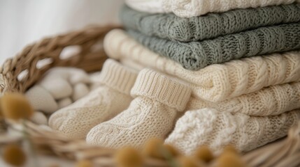 A cozy arrangement of knitted sweaters and baby booties in neutral colors, nestled in a woven basket with decorative stones.