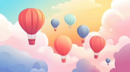 Colorful Hot Air Balloons Floating in Bright Sky with Clouds