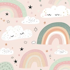 A seamless vector background showcasing a blend of rainbows, clouds, and stars.