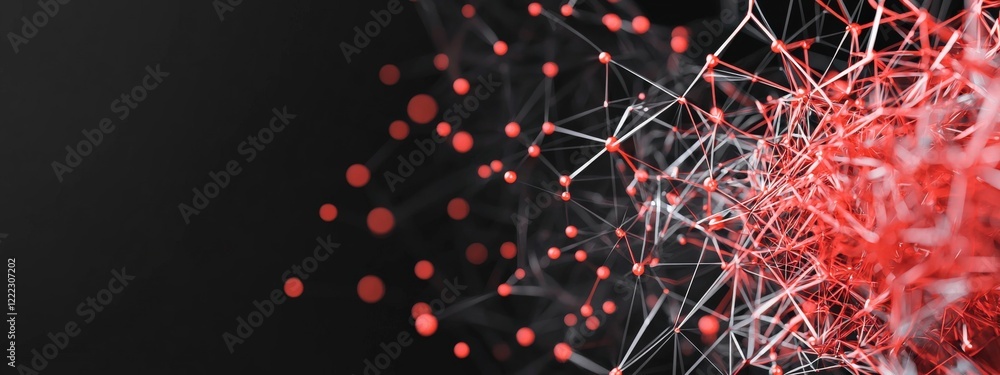 Poster abstract network illustration with red and white particles on a dark background representing data co