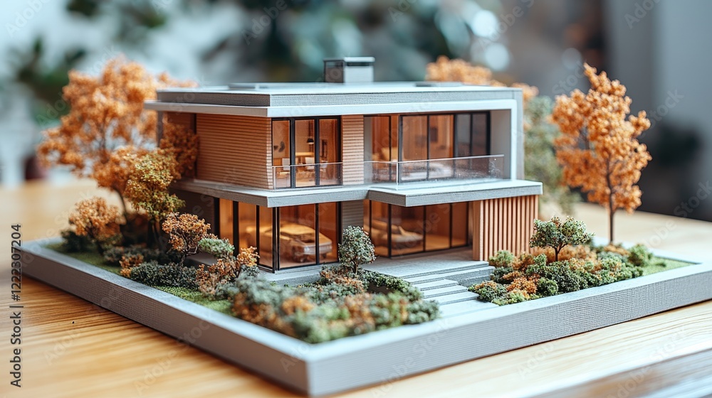 Poster model of a house displayed on a table with realistic details and architectural features