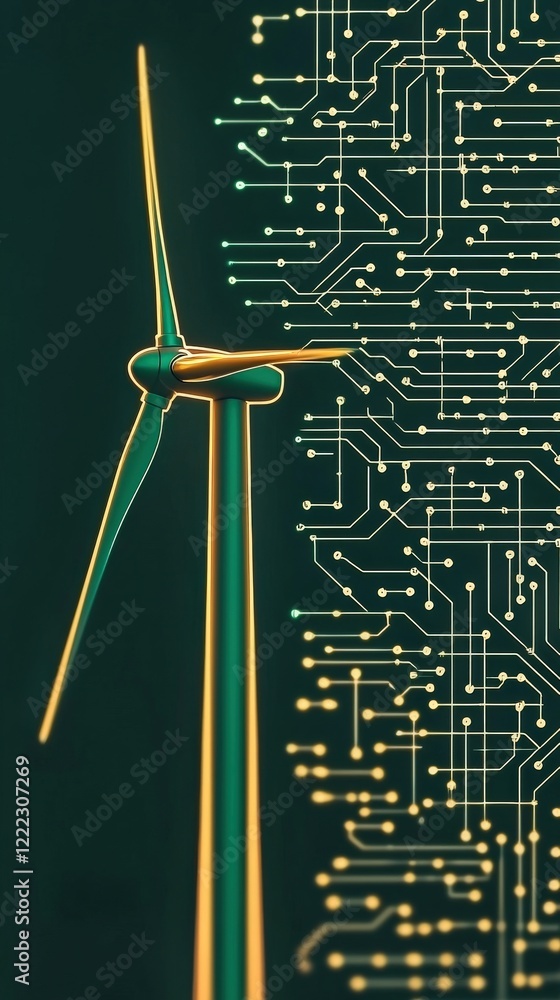 Poster wind turbine with circuit design concept representing renewable energy and technology integration