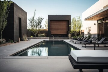 Fototapeta premium Modern black and white lawn chairs complement the elegant pool area. 