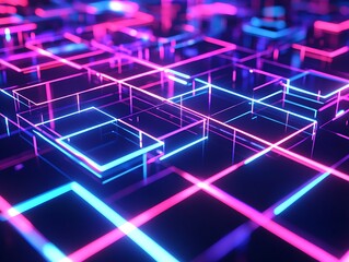 Obraz premium 3D Abstract Shapes with Neon Lights Forming a Grid Pattern in Vibrant Pink and Blue Colors, Futuristic Digital Background with a Tech Aesthetic