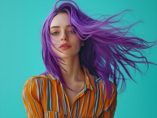 dynamic portrait of a woman with vibrant purple hair against a teal backdrop