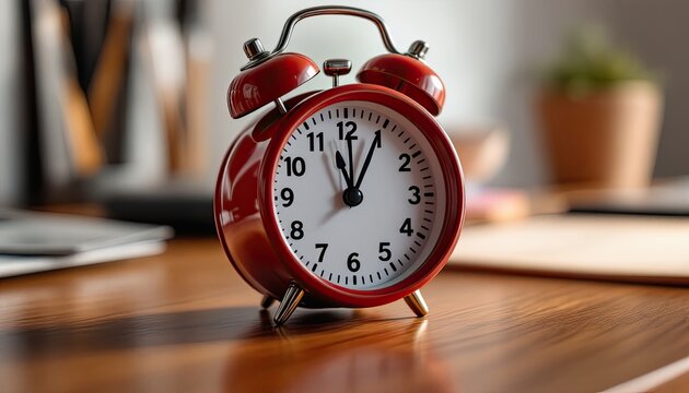 Red retro alarm clock on wooden desk with office background at 11 am