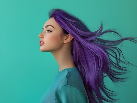 profile of a woman with purple hair against a teal background - Powered by Adobe