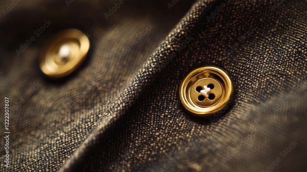 Poster close-up of golden buttons on a textured fabric, highlighting intricate details and craftsmanship in