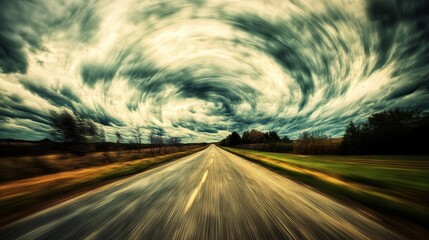 Naklejka premium Swirling Clouds Over an Open Road During a Dramatic Twilight Scene