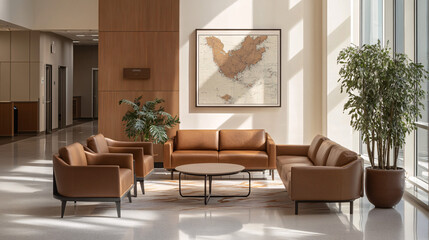 Fototapeta premium modern brown leather lobby furniture with large plant and map art in a modern office building