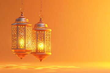 Obraz premium arabic lantern of ramadan celebration background, group of hanging Ramadan lanterns, yellow background, islamic, ramadan Kareem, eid mubarak, eid al adha, eid al fitr, 3d rendering, generative ai