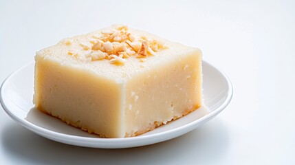 Delicious and Creamy Dessert Square on White Plate with Nuts