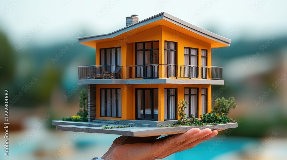 Poster hand holding a model house with detailed features and structure in a close-up view