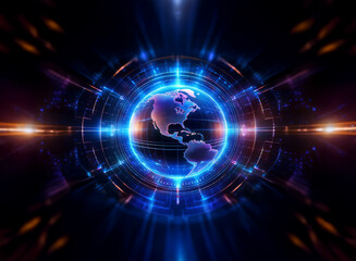 Fototapeta premium A glowing blue orb depicting Earth is encircled by a futuristic, technological frame. Bright rays emanate outwards, suggesting energy and connection. The image evokes themes of global communication 