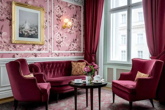 Elegant Ampir Style Interior with Plush Velvet Furniture and Floral Accents