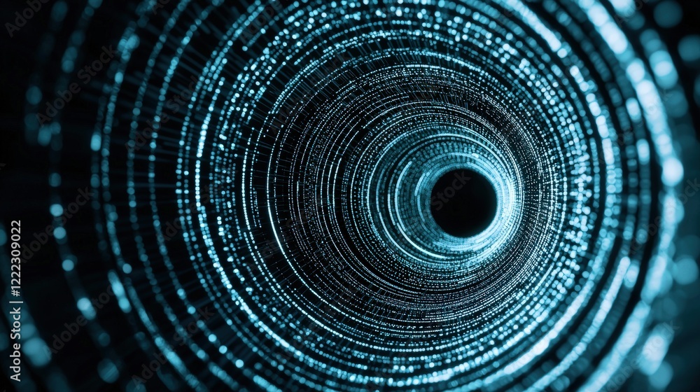 Aufkleber digital data stream forming a vortex with bright blue particles and black center representing techno