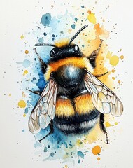 Vibrant watercolor bumblebee featuring an abstract splatter style.