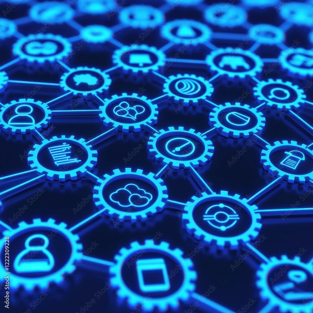 Poster blue technology network with various icons and gear background for digital innovation concepts