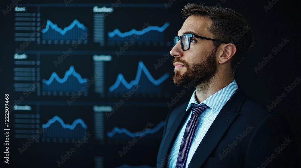 Poster professional businessman analyzing financial data with graphs and charts in modern office environmen