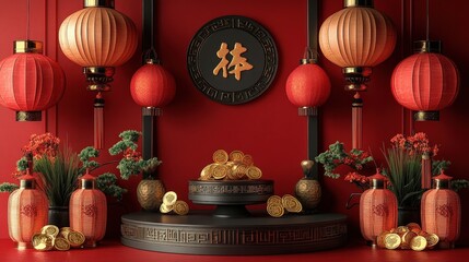 Interior view of a red room featuring a wall clock decorative vases and traditional lanterns