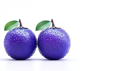 Fresh Purple Fruits with Water Droplets and Green Leaves Displayed