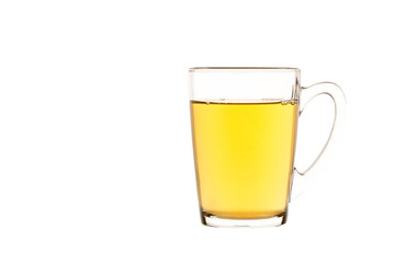 Tea mug with green tea on transparent background, isolated tea mug with tea, glass dish for liquids concept, PNG