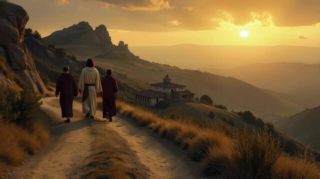 Road to Emmaus at dusk, featuring the resurrected Jesus and two disciples. Bible stories. Easter resurrection holiday.