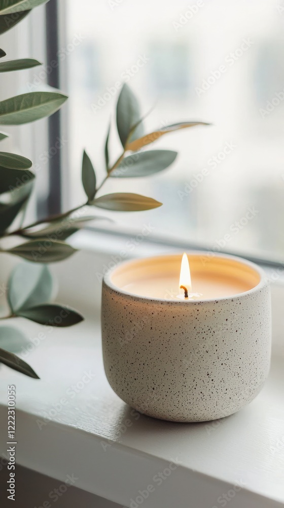 Poster calm and cozy candle with soft flame placed by the window with greenery and natural light in a moder