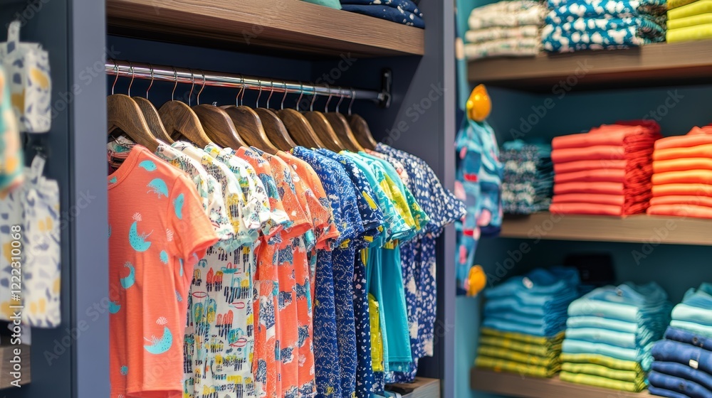 Poster a vibrant display of colorful shirts arranged neatly on hangers and shelves, showcasing various patt