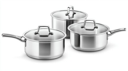 Three Modern Stainless Steel Cooking Pots with Glass Lids