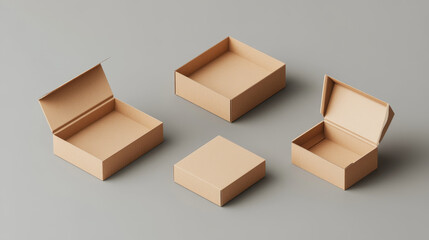 Brown cardboard box mockups set isolated on grey background. Vector realistic illustration of open and closed 3d carton packages for shoes, mail delivery, gift parcel packaging with blank surface