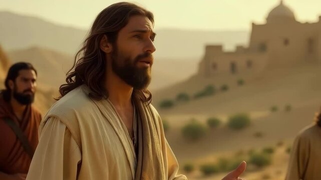 Resurrected Jesus walks with two disciples distant village of Emmaus. Bible stories. Easter resurrection holiday.