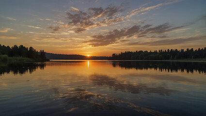 Obraz premium Peaceful sunset over a calm lake with calm air and serene atmosphere