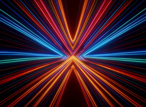 Vibrant, multicolored neon lines converge in a symmetrical, radiating pattern, creating an abstract, dynamic light tunnel effect against a dark background.  The image evokes speed and energy.