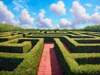 green maze red path sunny day blue sky