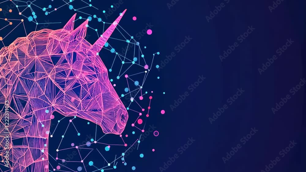 Poster colorful geometric unicorn against a dark background with bright particles and digital patterns