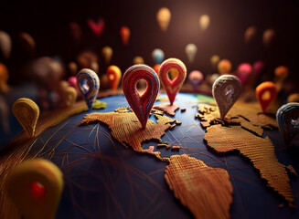 Colorful location markers dot a textured world map, symbolizing global connectivity and travel.  A vibrant depiction of worldwide exploration and interaction.