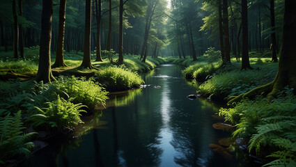 Fototapeta premium A small river meanders through the forest. Forest view