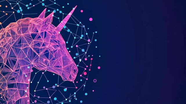 Colorful geometric unicorn against a dark background with bright particles and digital patterns