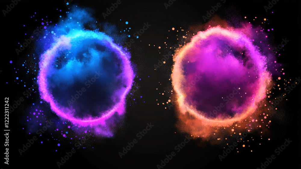 Poster color powder explosions with round banners. clouds of paint dust with particles. vector realistic sp