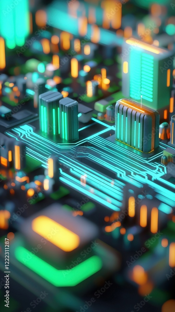 Poster futuristic glowing circuit board with vibrant colors and intricate electronic components in sharp fo