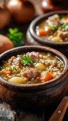Hearty Scotch Broth with Tender Meat, Barley, and Vegetables in Rustic Bowls - Warm Comfort Food for Cozy Evenings, Generative AI