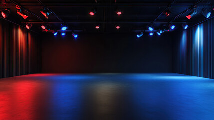 Dark room with red and blue spotlights