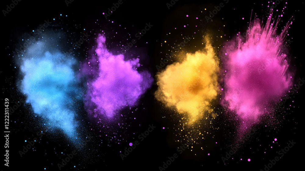 Poster color powder explosions with round banners. clouds of paint dust with particles. vector realistic sp