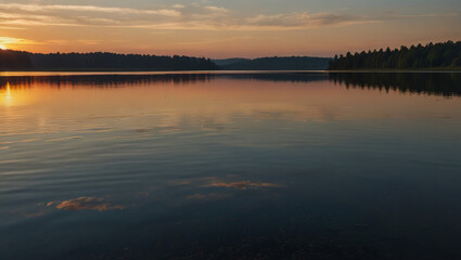 Obraz premium Peaceful sunset over a calm lake with calm air and serene atmosphere