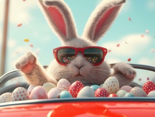 easter bunny in sunglasses playfully driving a red convertible full of eggs