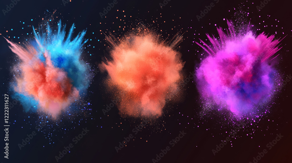 Poster color powder explosions with round banners. clouds of paint dust with particles. vector realistic sp