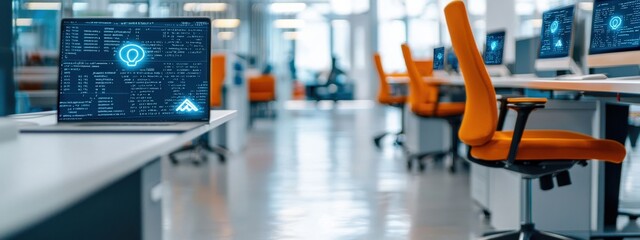 Obraz premium Modern Office Workspace with Laptops and Orange Chairs in a Bright Open-Plan Environment