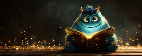 Curious monster reading a glowing book, magical atmosphere, 3D illustration